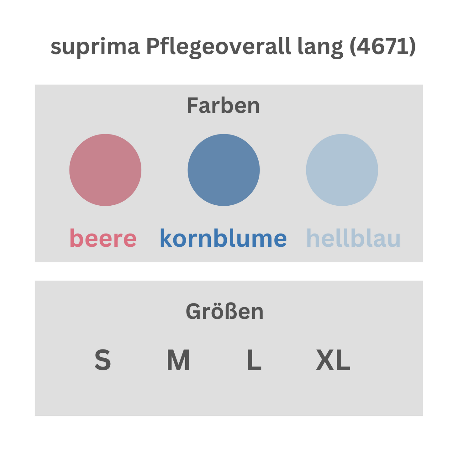 suprima Pflegeoverall lang (4671), Pflegeoverall, Größentabelle