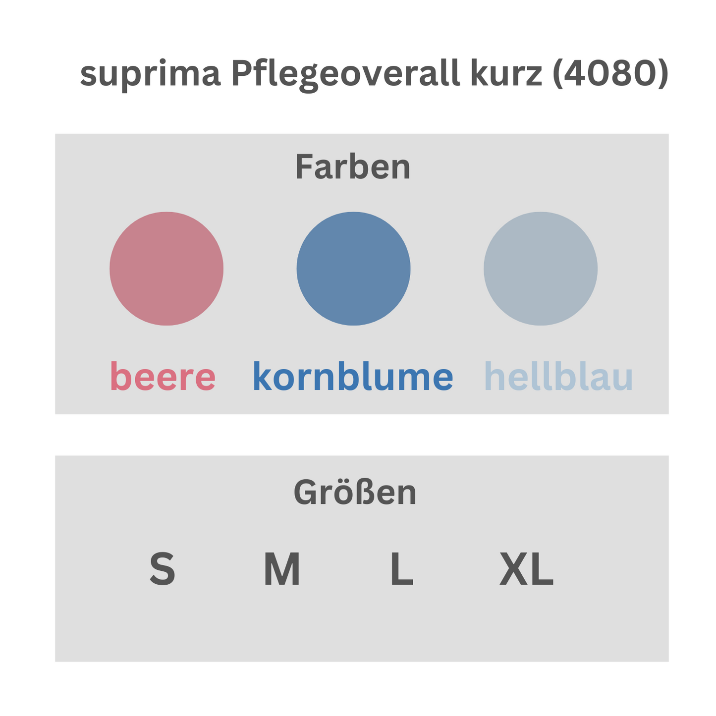 suprima Pflegeoverall kurz (4080), Pflegeoverall, Größentabelle