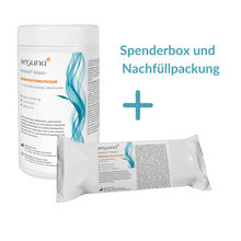 SEGUNA Flächendesinfektionstücher, 150 Desinfektionstücher in praktischer Spenderdose und 1 Nachfüllbeutel mit 150 gebrauchsfertigen Tüchern
