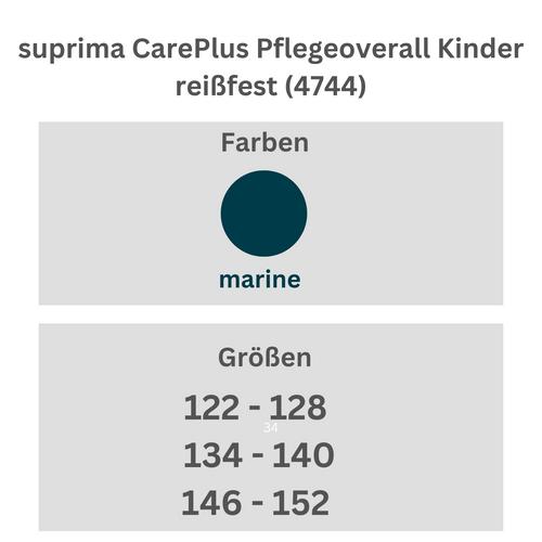 suprima CarePlus Pflegeoverall Kinder reißfest (4744), Pflegeoverall, Größentabelle